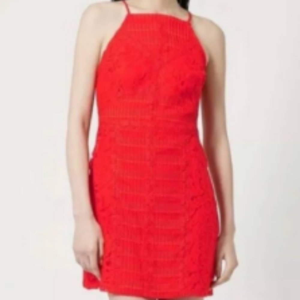 Topshop Halter Mini Stretch Lace Orange Red Dress